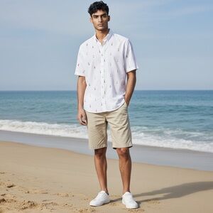 J. Crew Short Sleeve Cotton Button-Down Shirt White Lighthouse Print XL